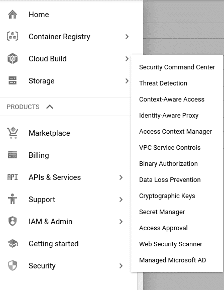 Sidebar menu which shows the cloud build KMS