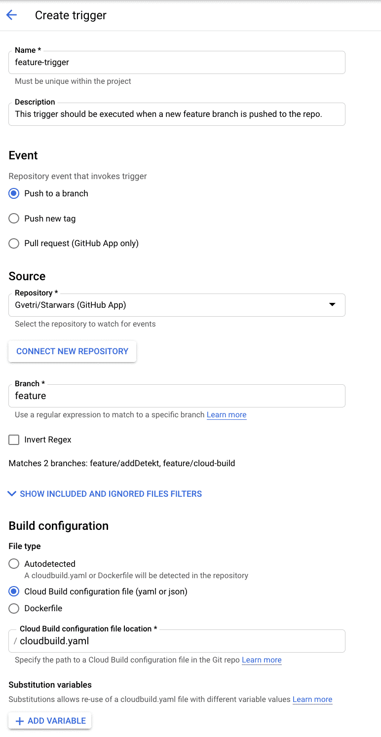 Create Trigger in GCP form